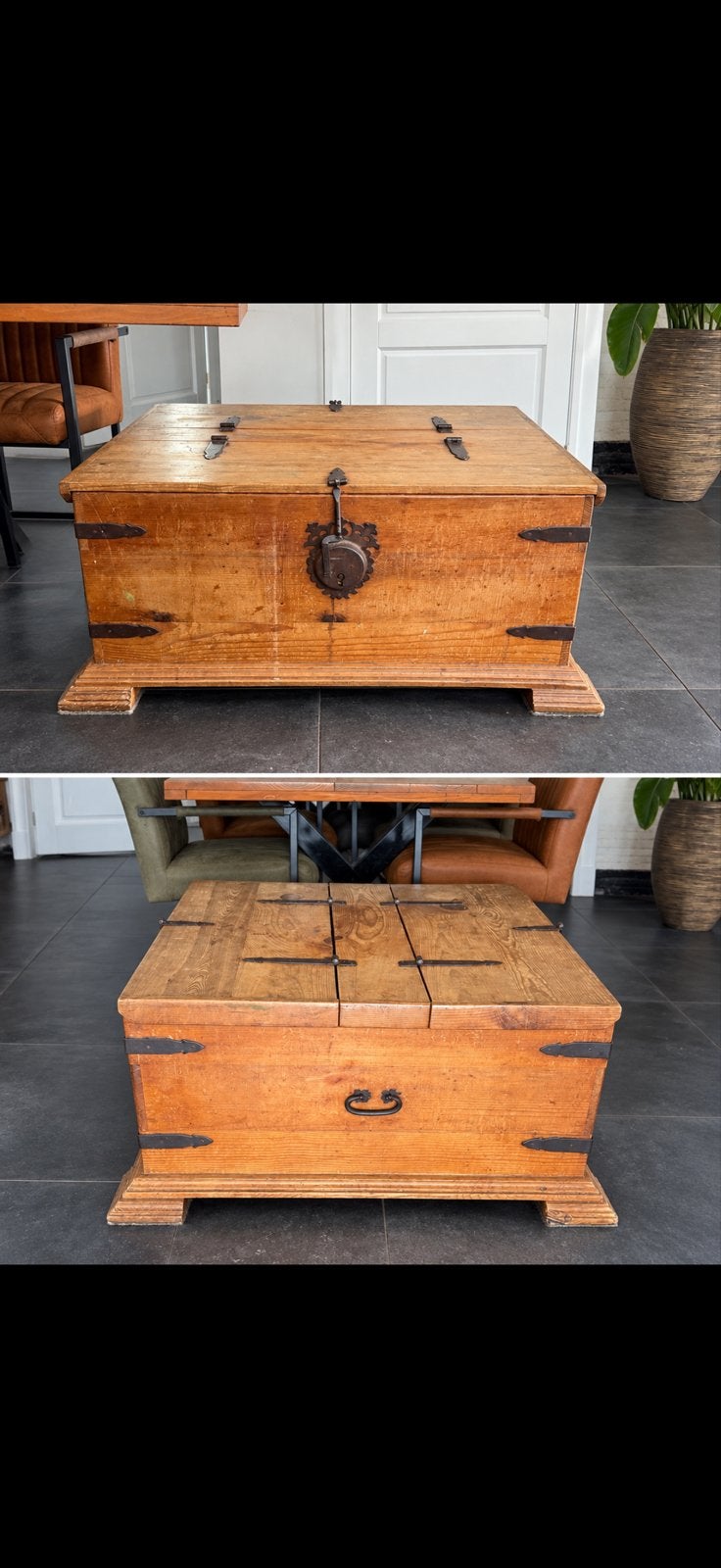Antieke houten kist / salontafel met metalen beslag, Ophalen