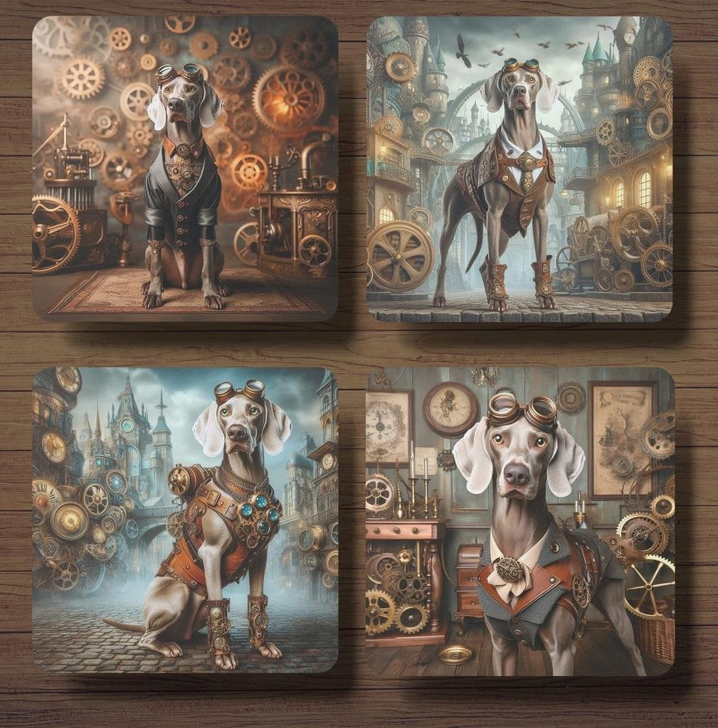 Weimaraner Steampunk onderzetters met houder, Ophalen of Verzenden, Nieuw