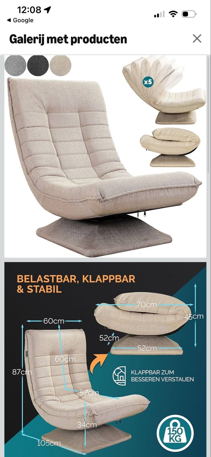 Casaria Vloerstoel Draaibaar - Beige, Huis en Inrichting, Ophalen, Overige kleuren, Zo goed als nieuw, Eén