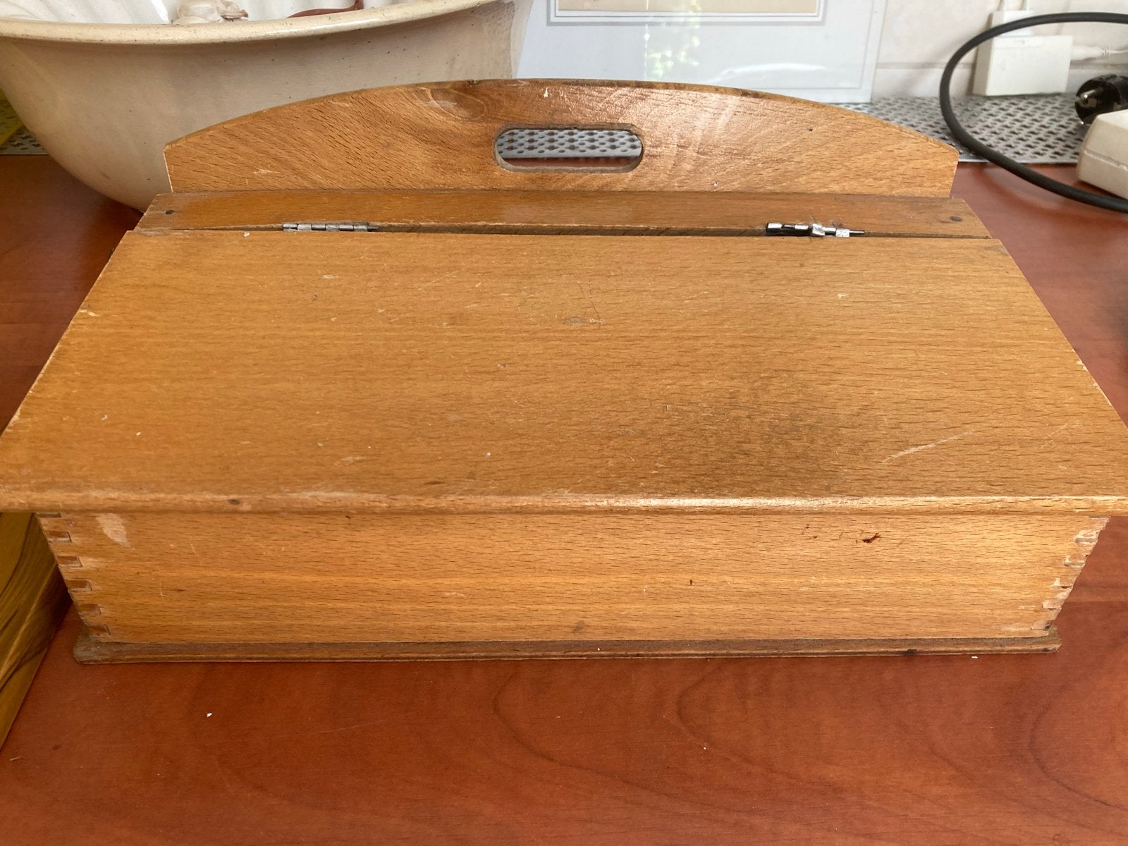 Vintage houten schoenpoetsdoos met accessoires, Ophalen of Verzenden