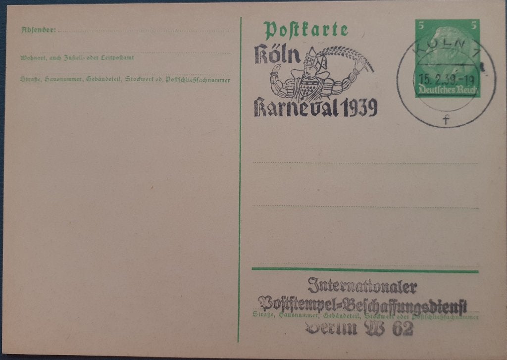 Deutsches Reich Briefkaart 1939 Keulen Koln Karneval, Postzegels en Munten, Brieven en Enveloppen | Buitenland, Ophalen of Verzenden