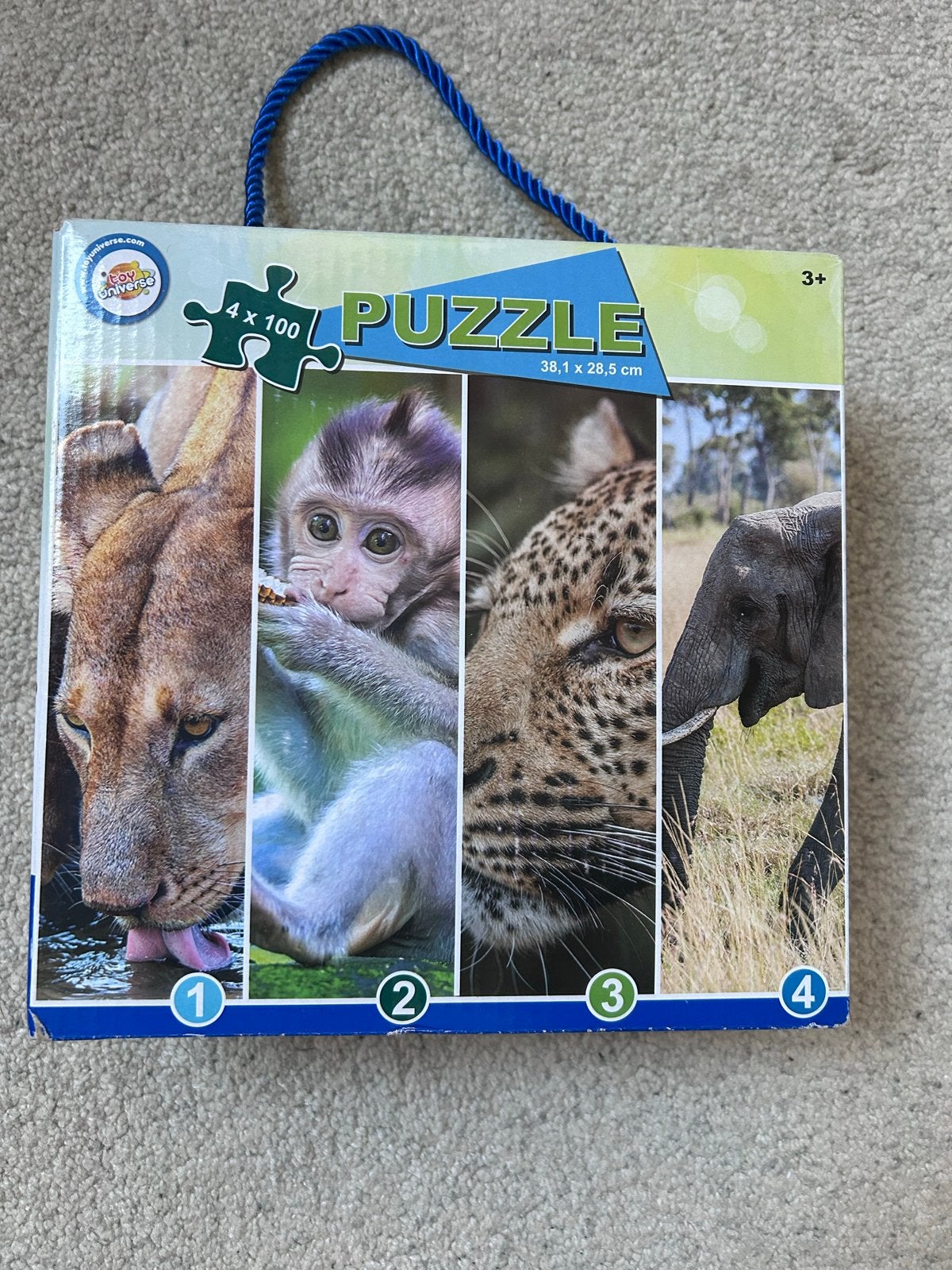 Dieren Puzzel 4x100 stukjes - Leeuw, Aap, Luipaard, Olifant, Ophalen of Verzenden, Meer dan 50 stukjes, Zo goed als nieuw, 2 tot 4 jaar