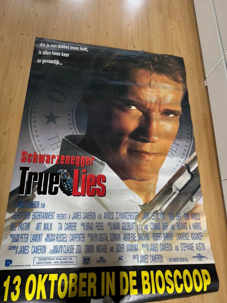 Enorme filmposter True Lies, Arnold Schwarzenegger, Ophalen of Verzenden, Zo goed als nieuw, A1 t/m A3, Film en Tv