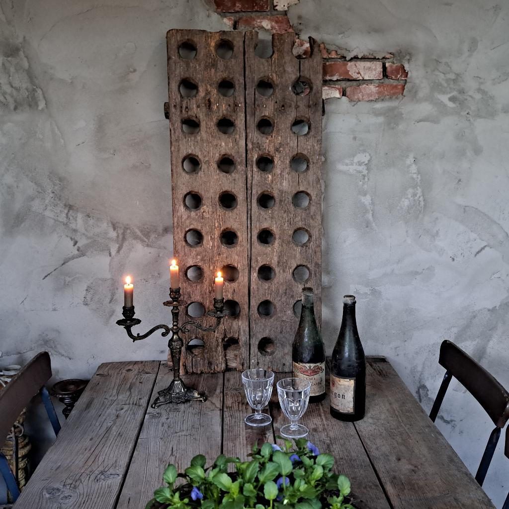 Oud brocante doorleefd Frans houten flessenrek *Etage3*, Ophalen, Gebruikt, ., .