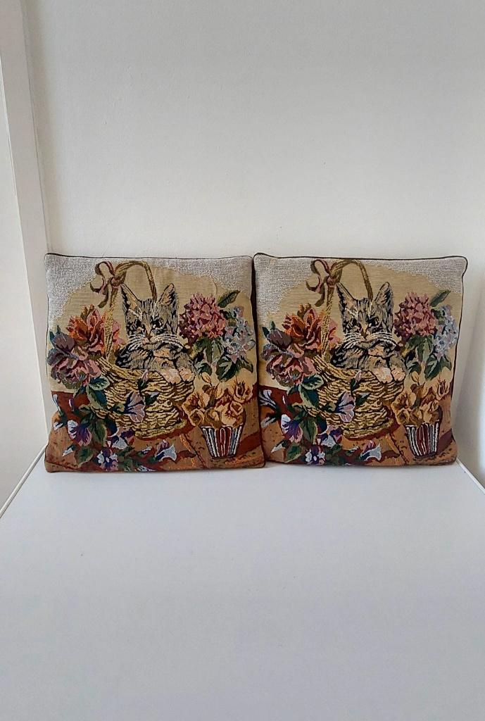 Set van 2 Vintage Gobelin Kussens Kat Kittens Jaren 60/70, Eu, Gebruikt, Overige kleuren, Eu