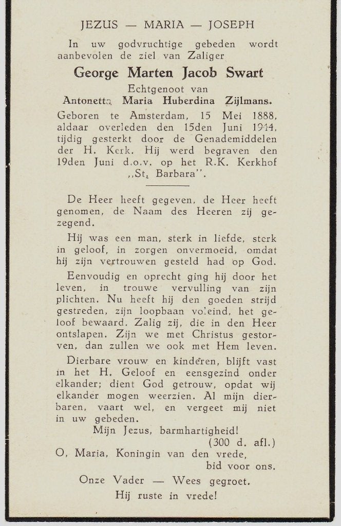 Amsterdam 1888 - 1944 George Swart, Ophalen of Verzenden, Bidprentje