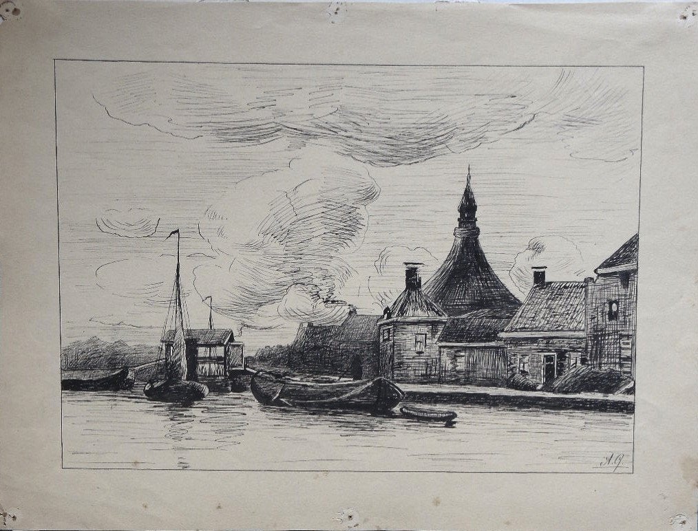 Anthony Grolman pentekening "Dorpje aan het Water" monogram, Ophalen, Tekening, Pentekening, Origineel