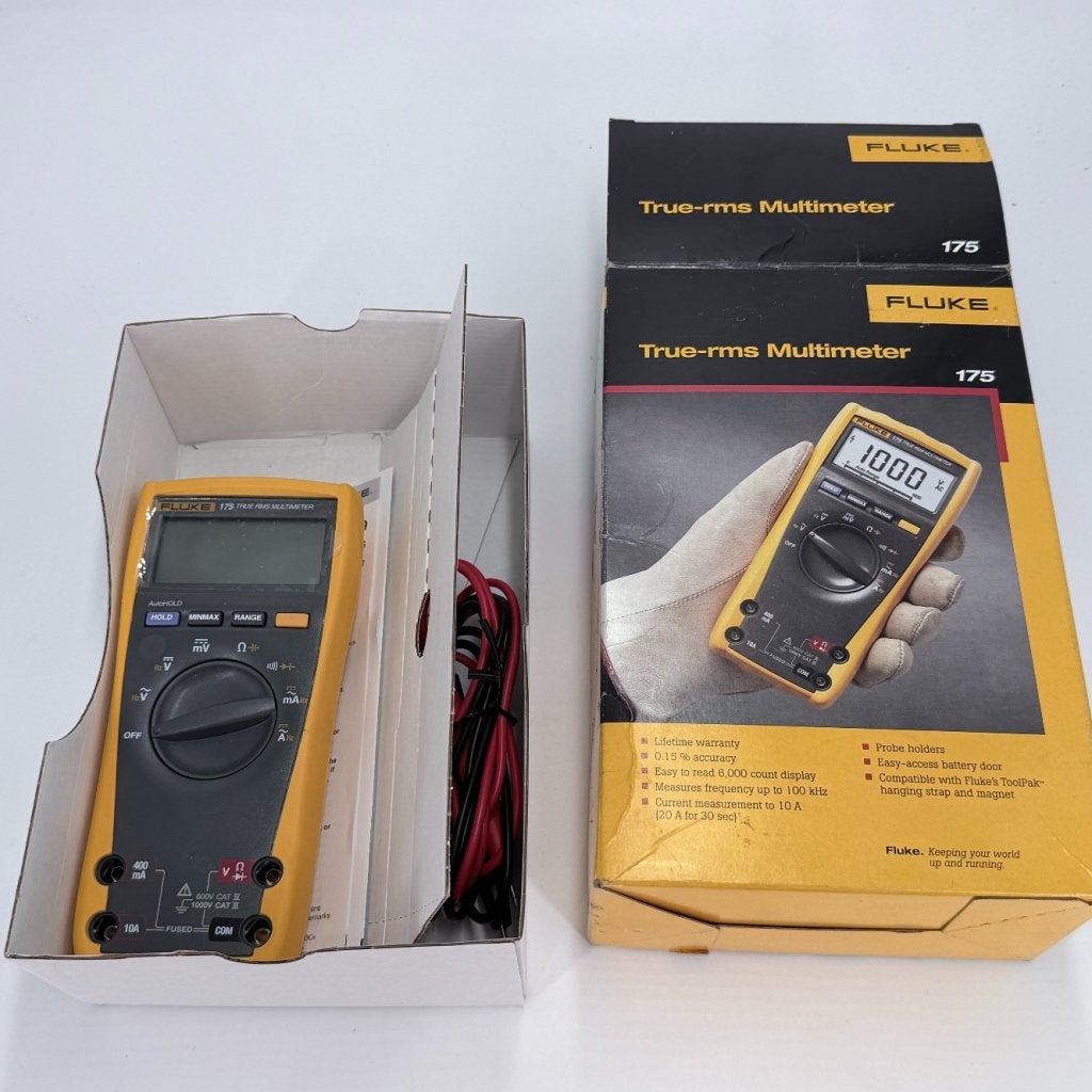 FLUKE 175 True RMS Multimeter met meetkabels in doos, Fluke, Nieuw, https://www.fluke.com/nl-nl/ondersteuning/contact, 6920 Seaway Blvd, Everett, WA 98203, Verenigde Staten