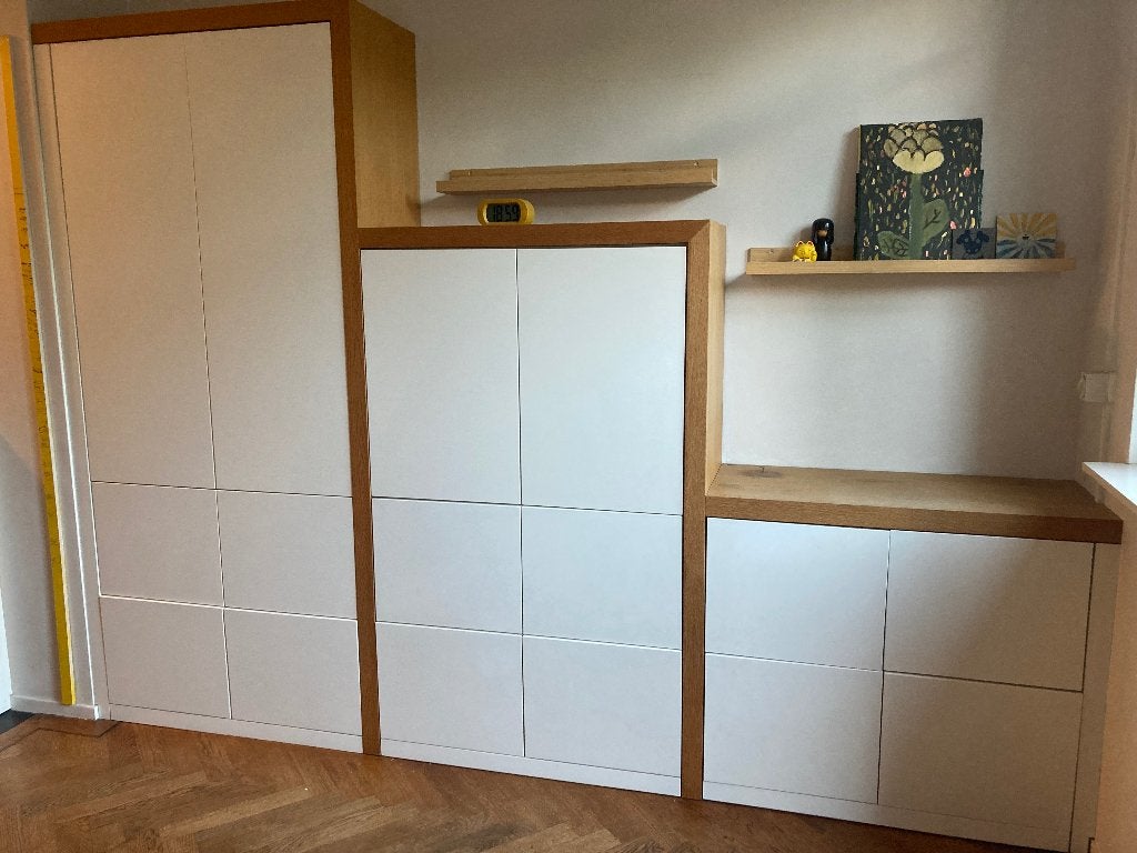 Mooie inbouwkast wit met hout, Ophalen, 250 tot 300 cm, Gebruikt, Met lade(s)