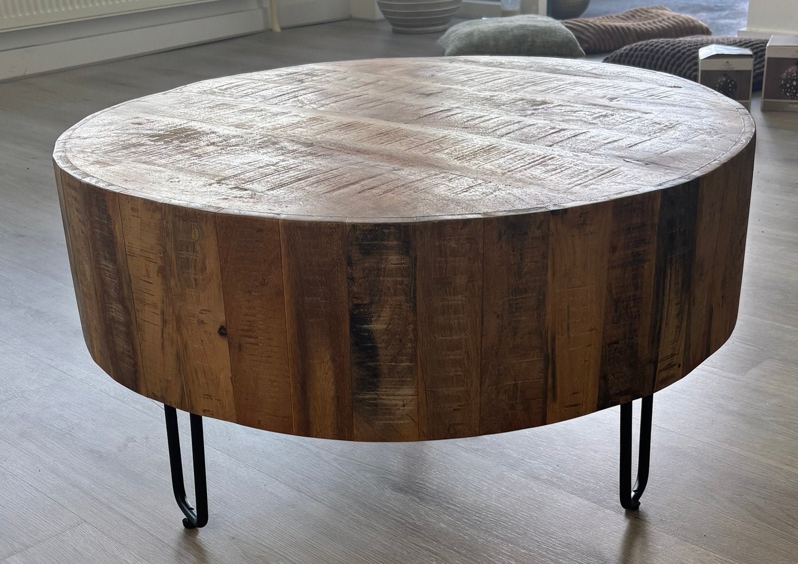 Ronde mangohouten salontafel Ø70 cm – industrieel, Ophalen, Rond, 50 tot 100 cm, Zo goed als nieuw