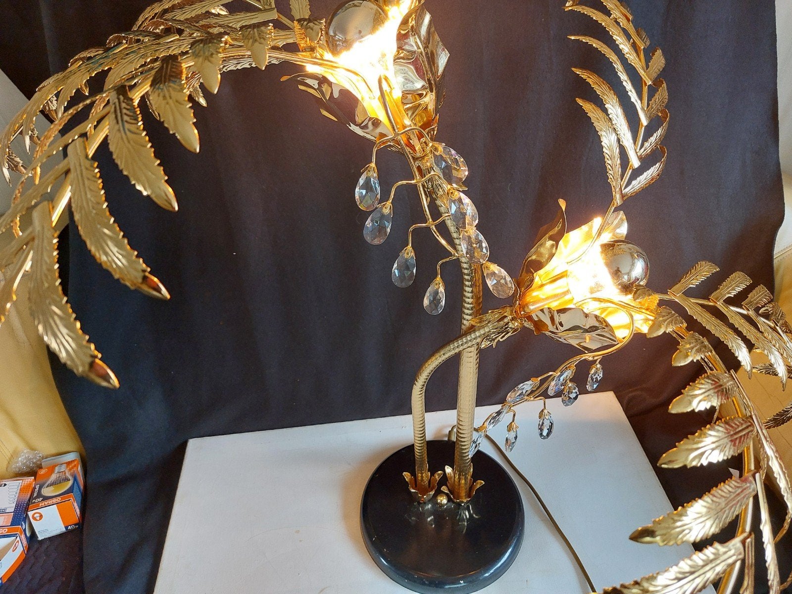 Gouden Palmboom Tafellamp met Kristallen, Overige merken, E27 (groot), Zo goed als nieuw, Ibiza stijl