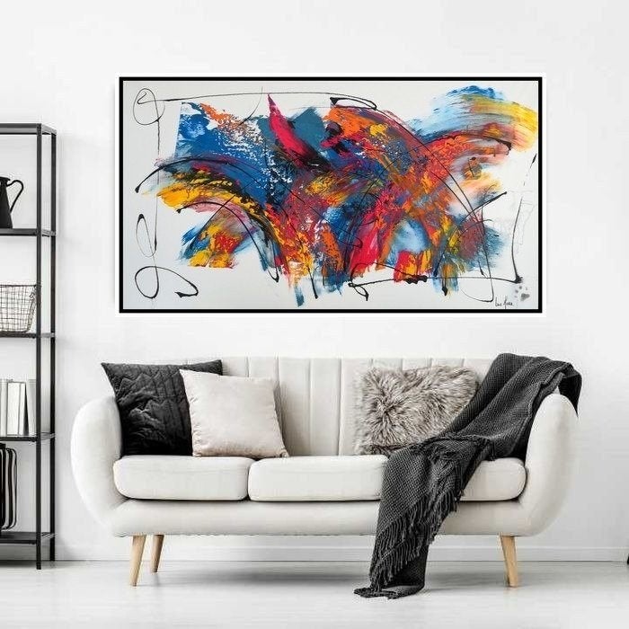 Geweldig groot schilderij - Luc Mora - Arc en Ciel XXL, Abstract, Acrylverf, Textiel, Echtheidscertificaat