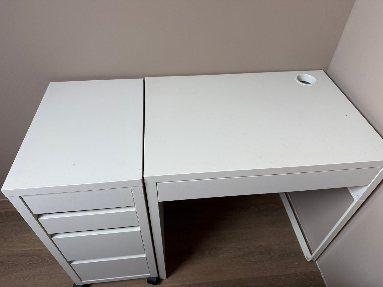 Wit bureau (MICKE) met ladeblok (ALEX) - IKEA, Ophalen, Gebruikt, Met lades, Spaanplaat of MDF