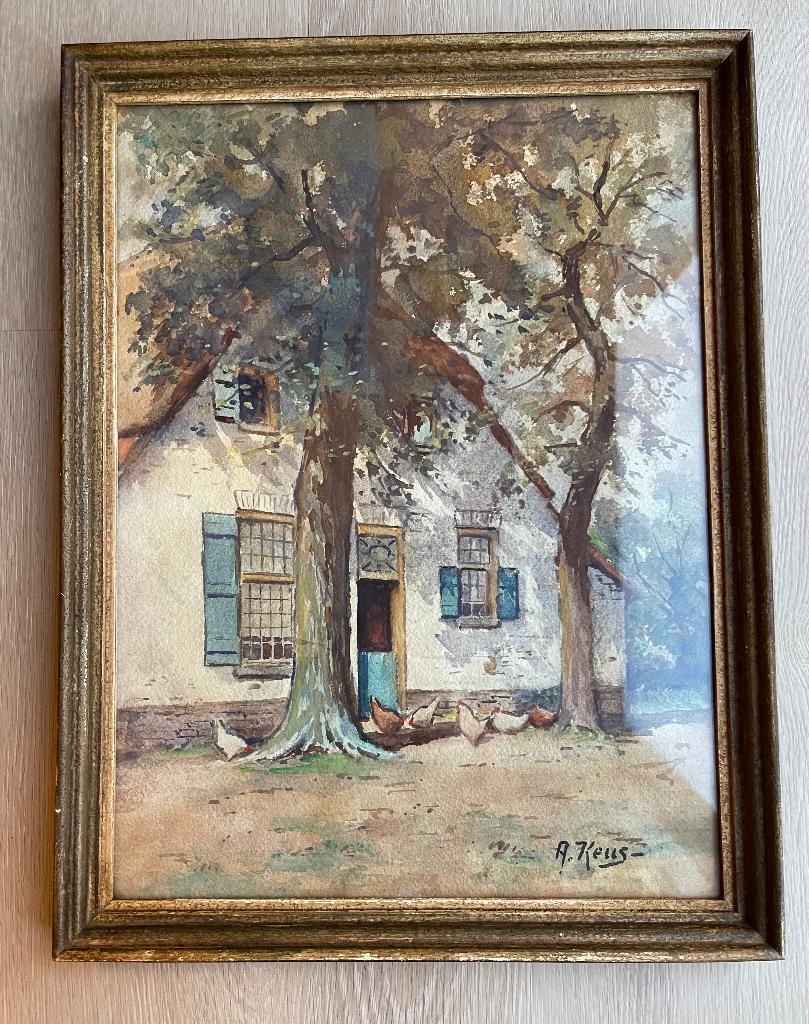 Vintage schilderij van boerderij - gesigneerd A. Keus (1945), Ophalen
