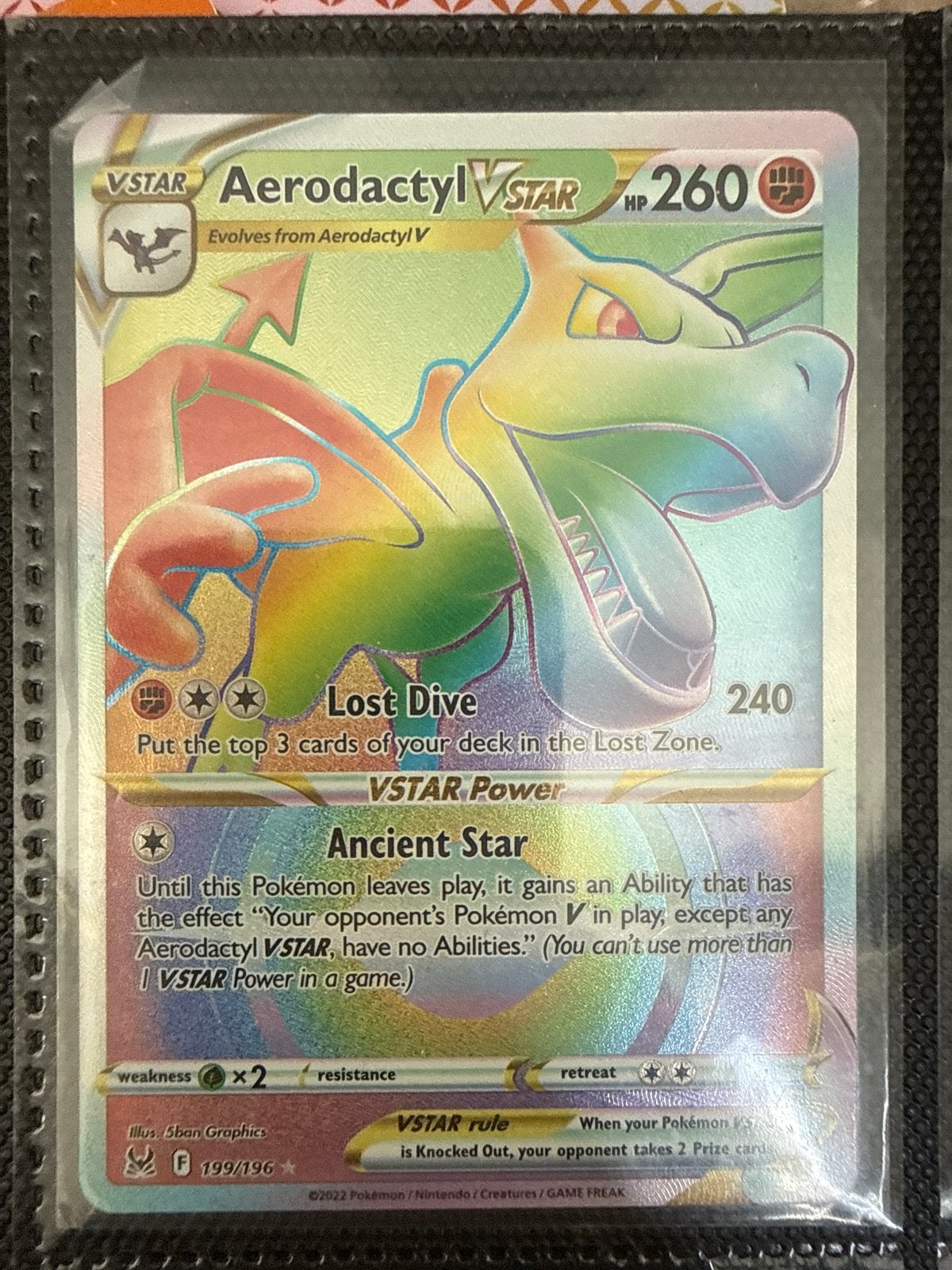 Aerodactyl VSTAR 199/196 Rainbow Rare Pokémon Kaart, Ophalen of Verzenden, Zo goed als nieuw, Losse kaart, Foil
