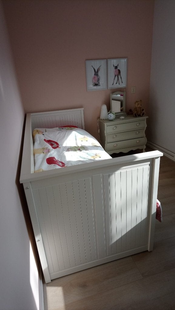 Hemnes IKEA bed met lades en lattenbodem, Ophalen, 90 cm, Wit, Tweepersoons