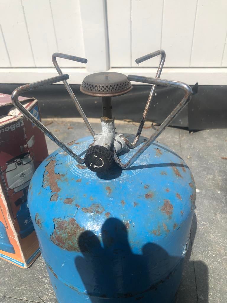 Camping gasflesje, gaslamp en gasstuk met ontsteker, Ophalen, Gebruikt