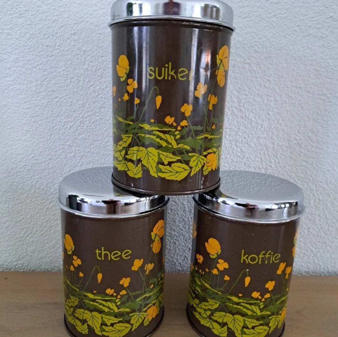 Voorraadbussen Brabantia boterbloem koffie thee suiker '70, Verzamelen, Blikken, Ophalen of Verzenden, Gebruikt, Overige, Overige merken