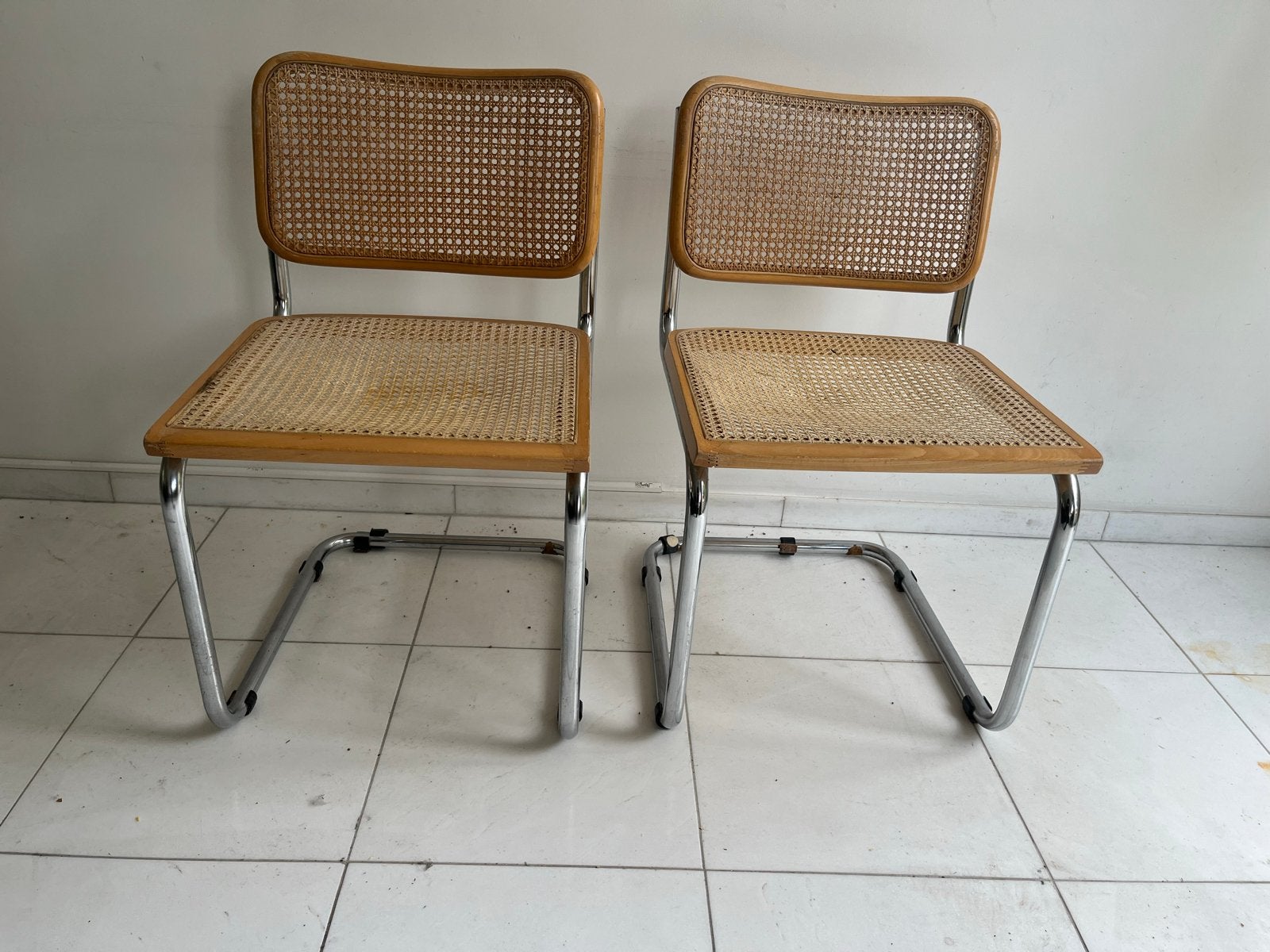 Set van 2 Thonet S32/S64 stoelen met rotan en chroom, Huis en Inrichting, Stoelen, Ophalen, Gebruikt, Twee, Overige kleuren