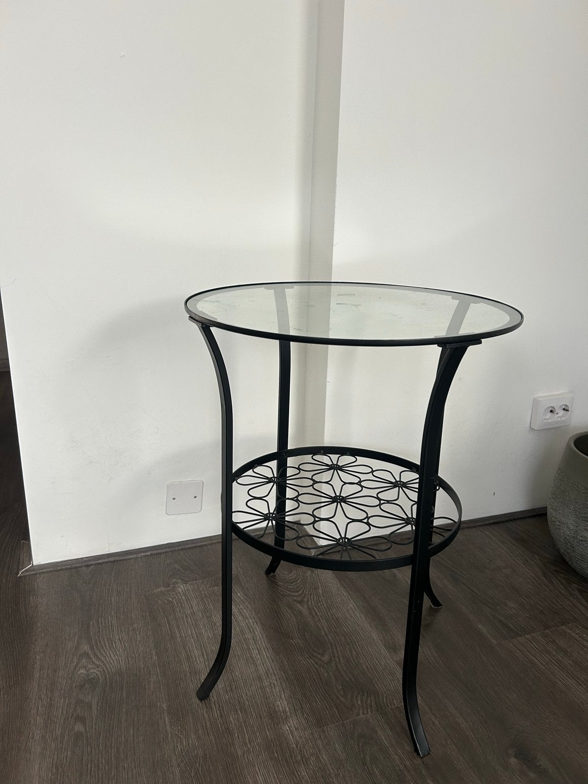 Glazen bijzettafel met metalen onderstel, Ophalen, Minder dan 55 cm, Gebruikt, Rond