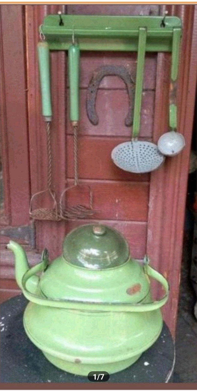 Vintage Groen Emaille Lepelrek & Theepot Set, Ophalen of Verzenden