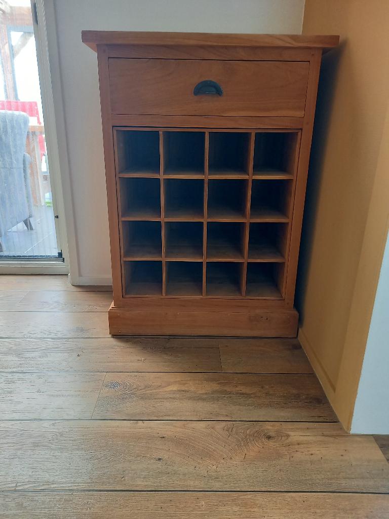 teakhouten wijnkastje, Ophalen, 15 tot 25 flessen, Zo goed als nieuw, 75 cm of meer