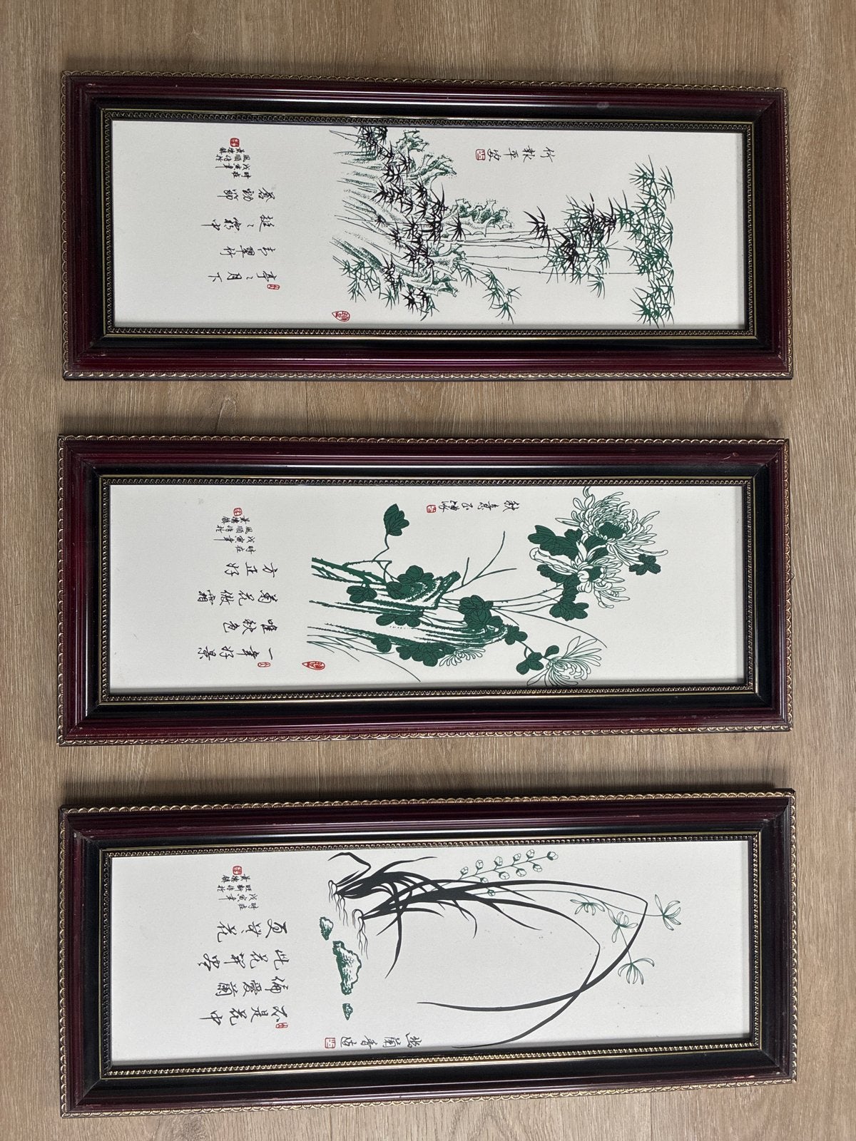 Set van 3 Chinese schilderijen met bamboe, chrysant, orchide, Bloemen, Ophalen of Verzenden, Klassiek, Ingelijst