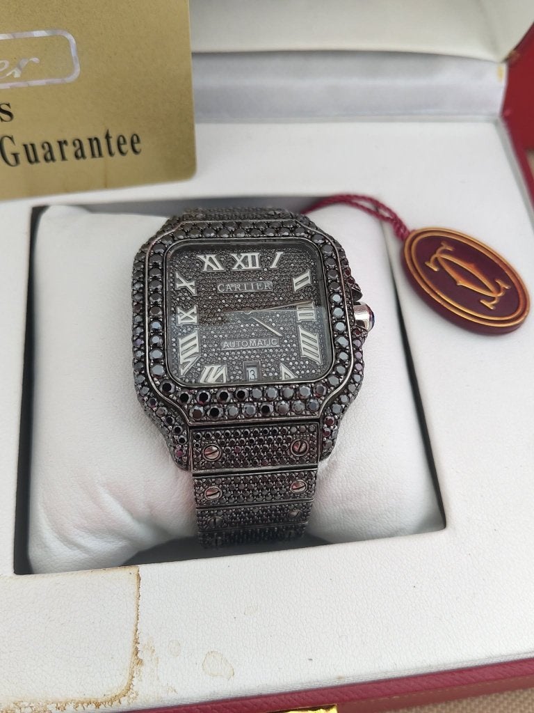 Cartier Santos black diamant Iced out, Overige merken, Staal, Staal, Polshorloge