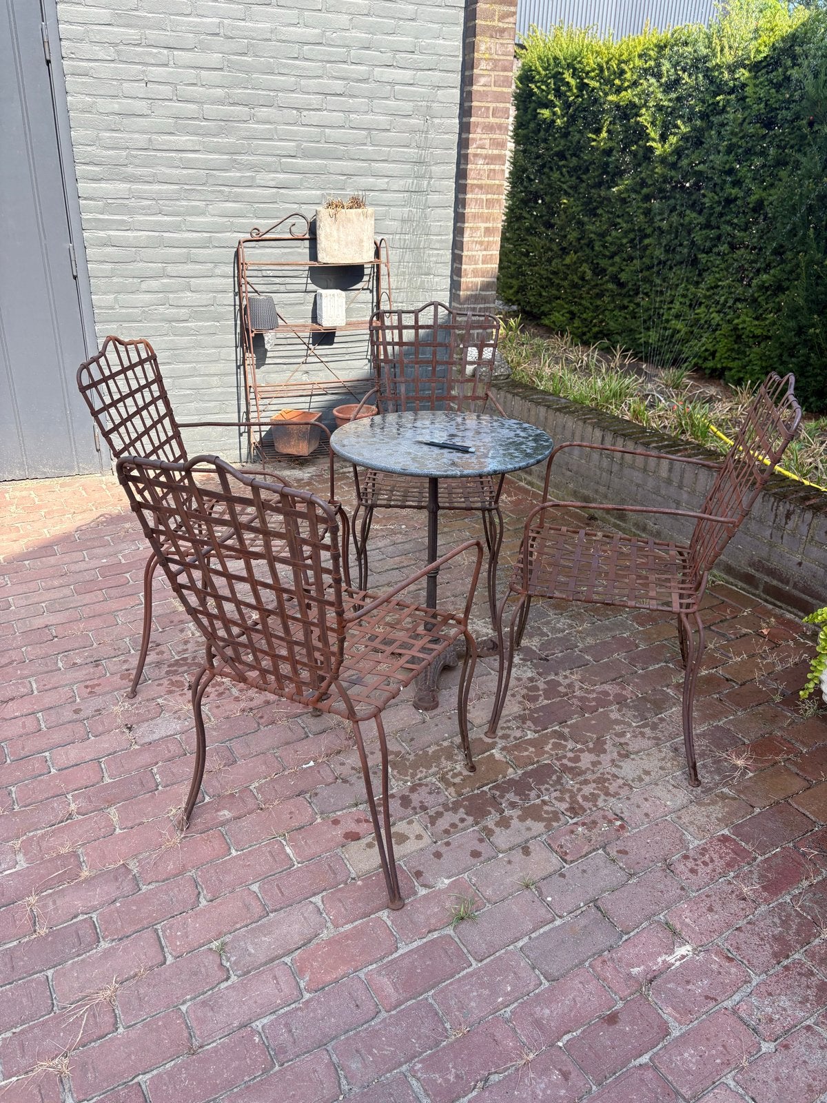 Vintage metal tuinset met 4 stoelen en ronde tafel, Tuin en Terras, Ophalen, Gebruikt, Eettafel, Tuinset