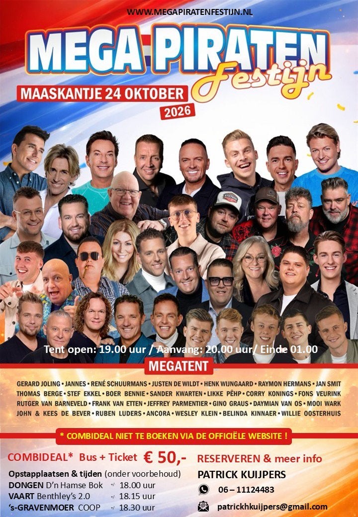 Megapiratenfestijn in Maaskantje BUSCOMBI 24 okt, Tickets en Kaartjes, Concerten | Nederlandstalig, Eén persoon, Oktober