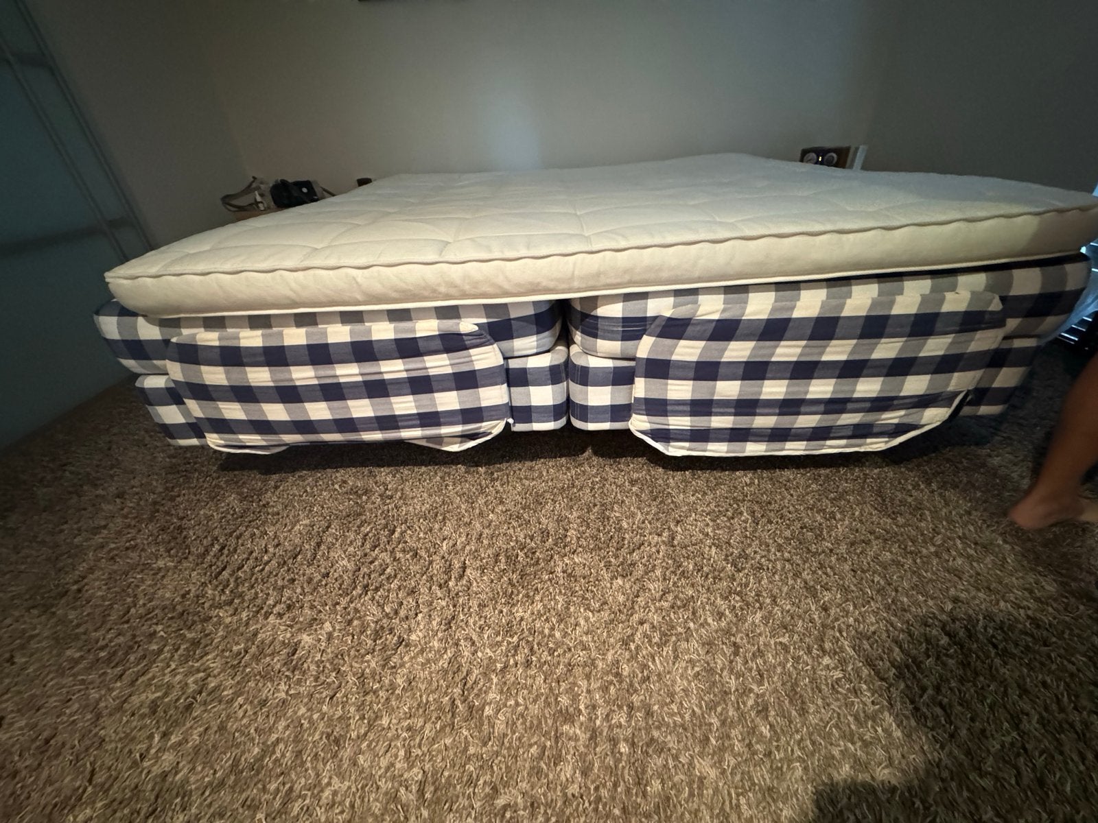 Tweepersoons boxspring met geruit patroon, Gebruikt, Blauw, Tweepersoons, Ophalen of Verzenden