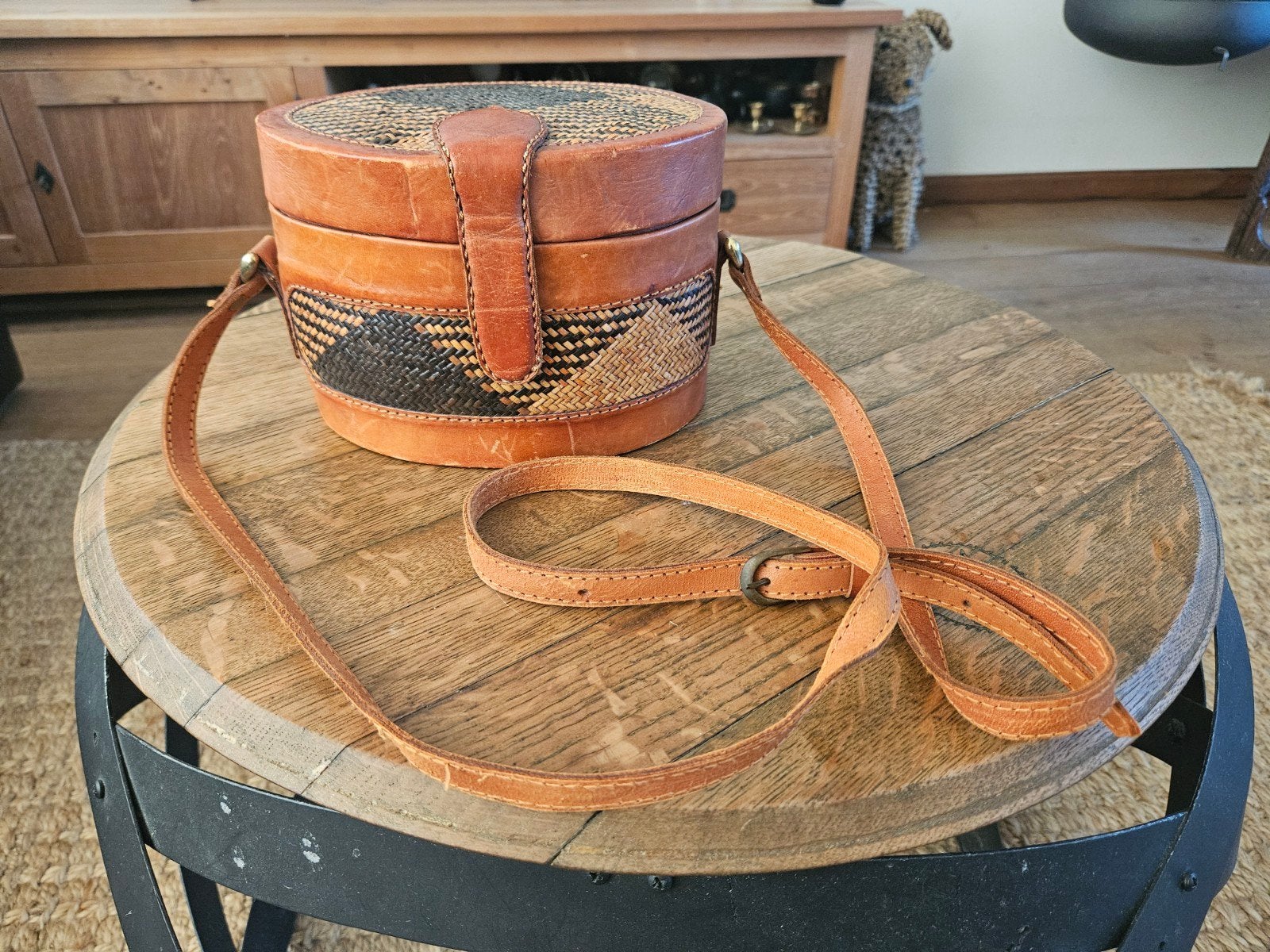 Vintage Bali Leren Box Tas / Trommeltas met Batik Voering, Ophalen of Verzenden, Bruin, Schoudertasje