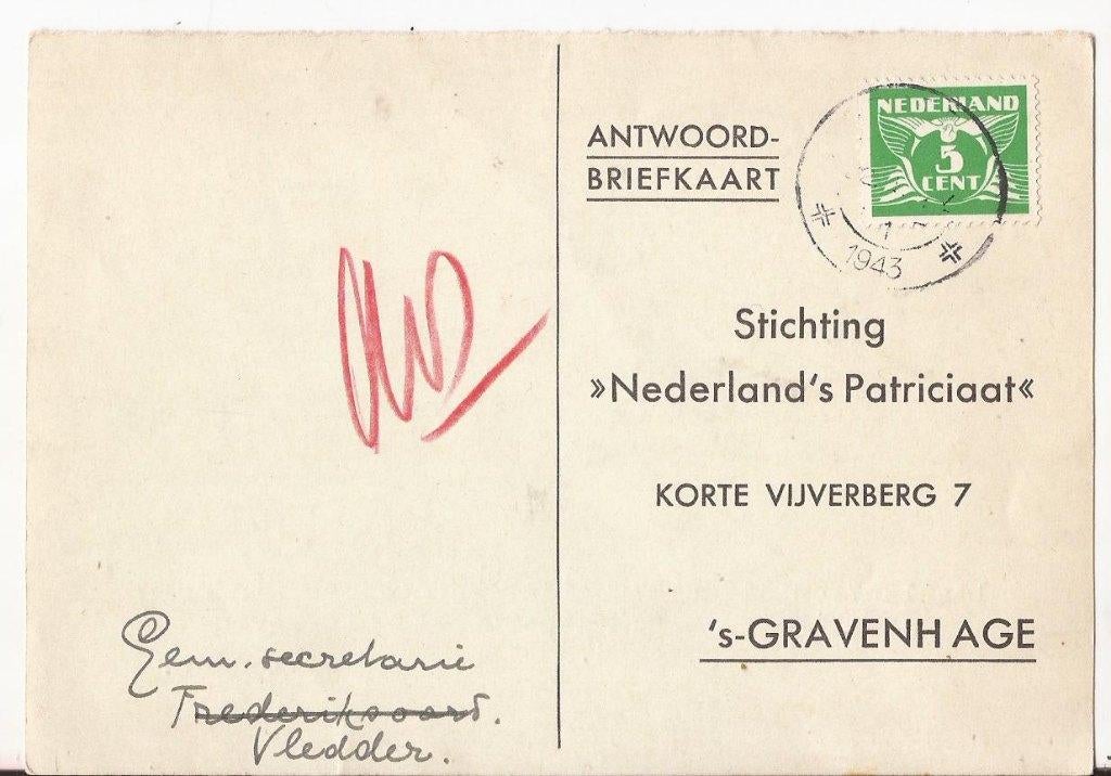 VLEDDER 1943 Gem Secretarie navraag fam Jongkindt Coninck, Ophalen of Verzenden, 1940 tot 1960, Gelopen, Drenthe