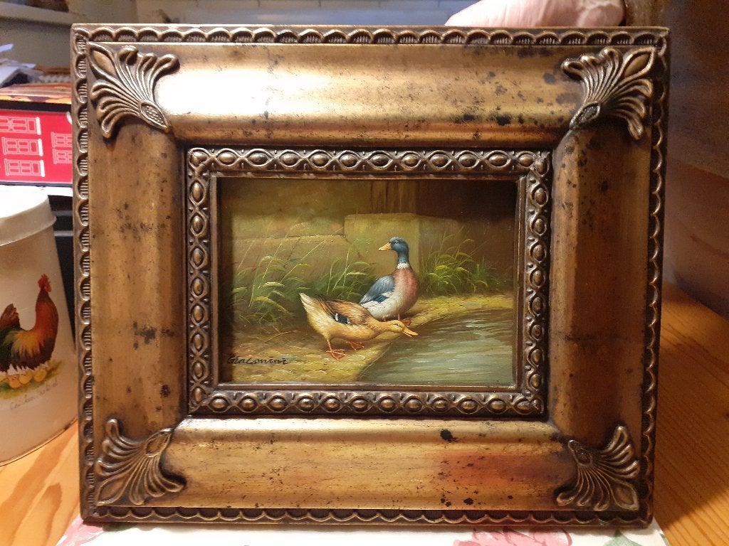 Olieverfschilderij Eenden in Sierlijst - Gesigneerd, Paneel, Dieren, Ophalen of Verzenden, Olieverf