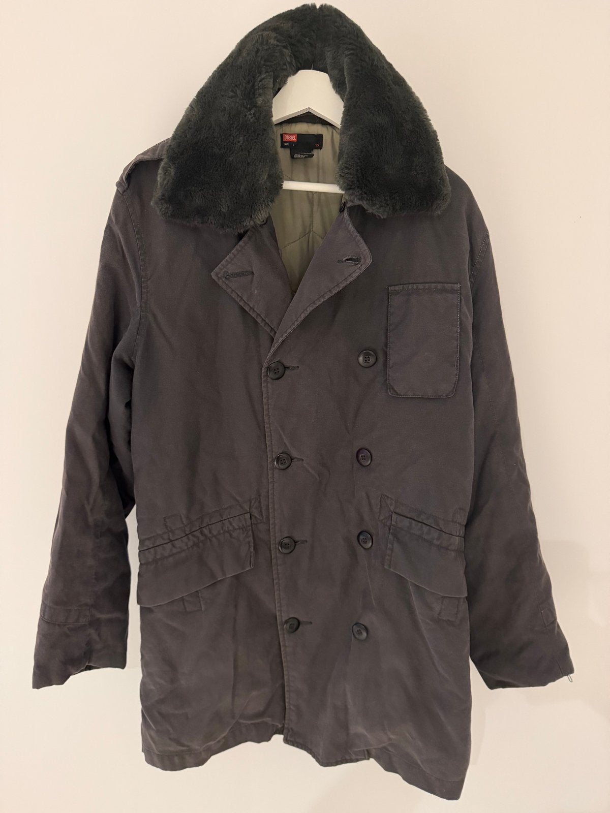Vintage Diesel 800 Herenjas Maat L met Faux-Fur Kraag, Ophalen of Verzenden, Gedragen, Maat 52/54 (L), Grijs