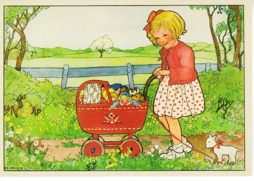 Rie Cramer Ansichtkaart: Meisje met Poppenwagen. 08-10, Ophalen of Verzenden, 1940 tot 1960, Ongelopen, Kinderen