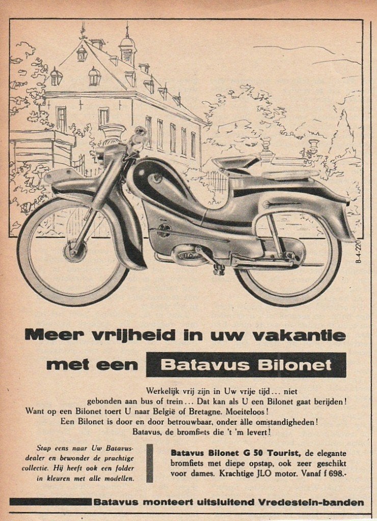 Retro reclame 1960 Batavus Bilonet brommer meer vrijheid, Verzenden, Overige typen