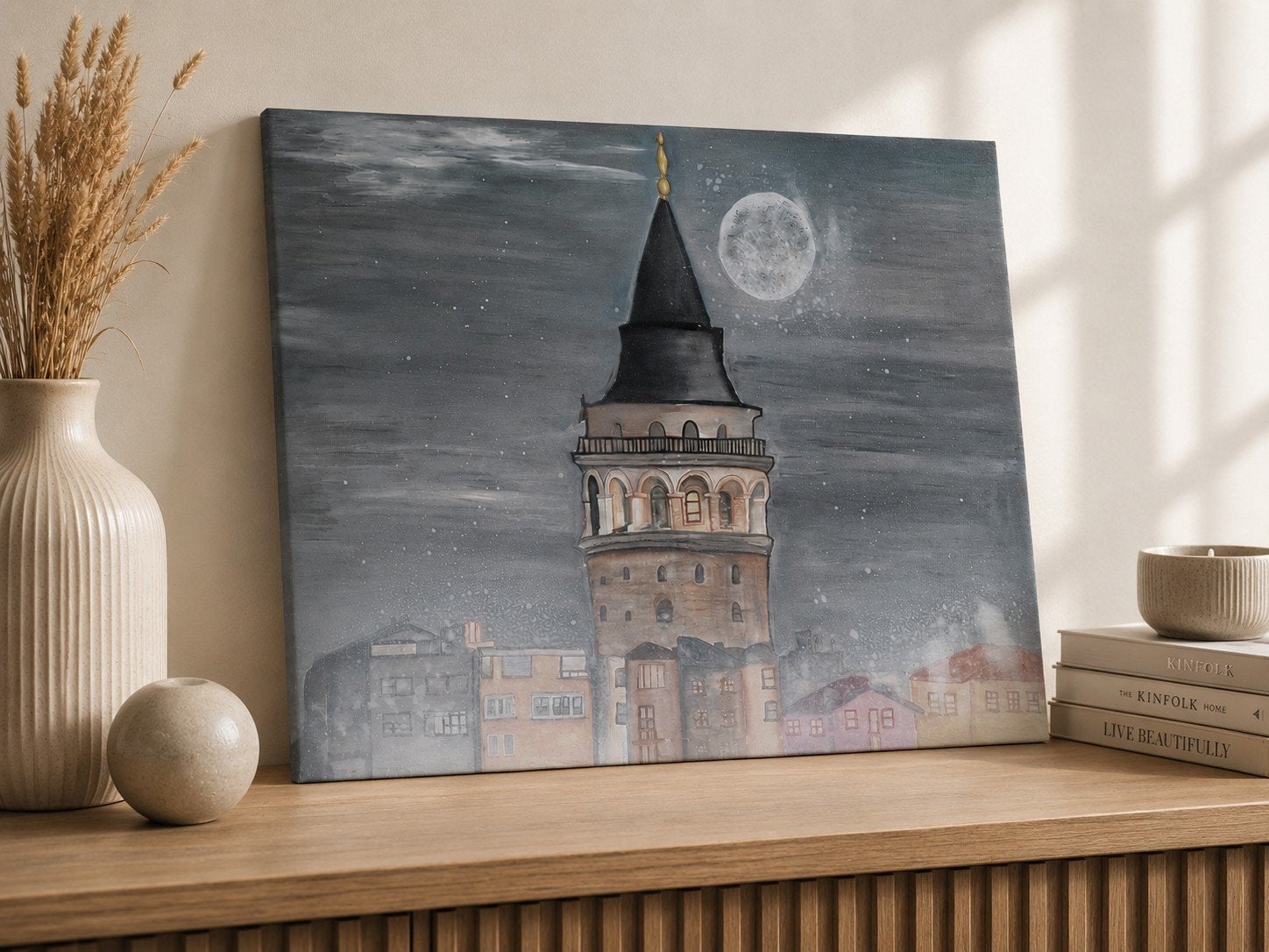Handgeschilderd schilderij Galatatoren Istanbul 100x80cm, Antiek en Kunst, Kunst | Schilderijen | Modern, Ophalen of Verzenden