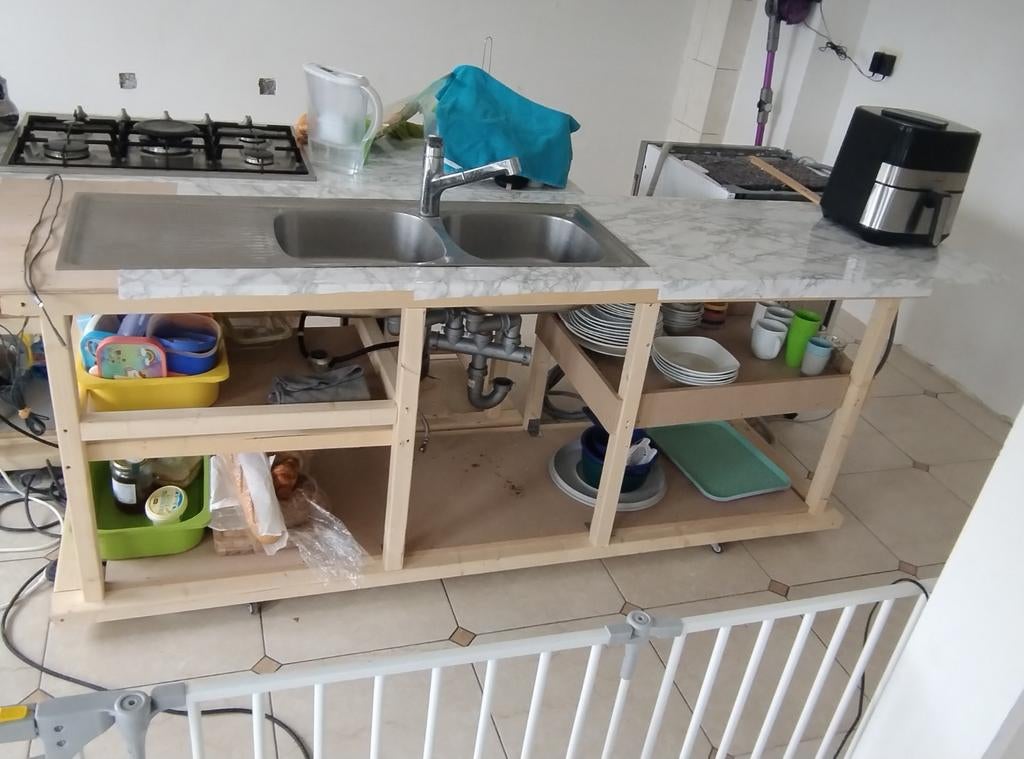 Mobiele Keuken op Wieltjes met Dubbele Wasbak, Keukentrolley, Ophalen, Gebruikt, Hout