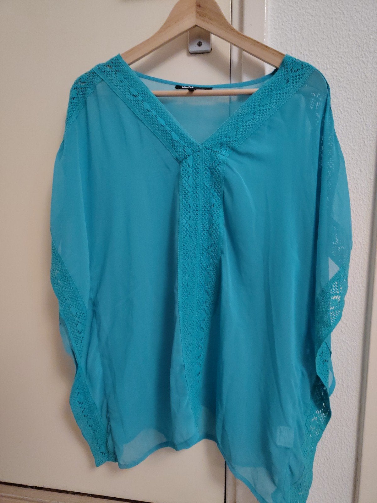 Turquoise Kaftan Top met Gehaakte Details - Maat M, Maat 38/40 (M), Blauw, Ophalen of Verzenden, Korte mouw