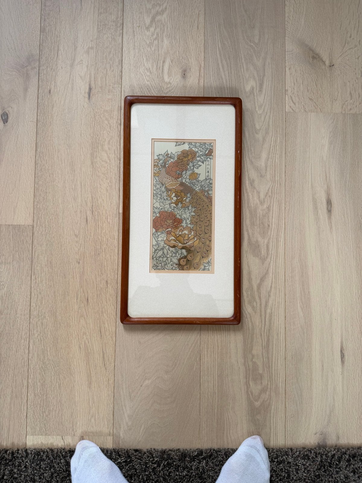Ingelijste Japanse print met pauw en bloemen, Antiek en Kunst, Kunst | Schilderijen | Klassiek, Ophalen of Verzenden