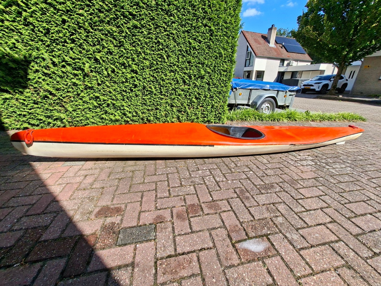 Polyester,  oranje/witte, een persoons kano's met peddel, Ophalen, Gebruikt, Eén persoon, Met peddels