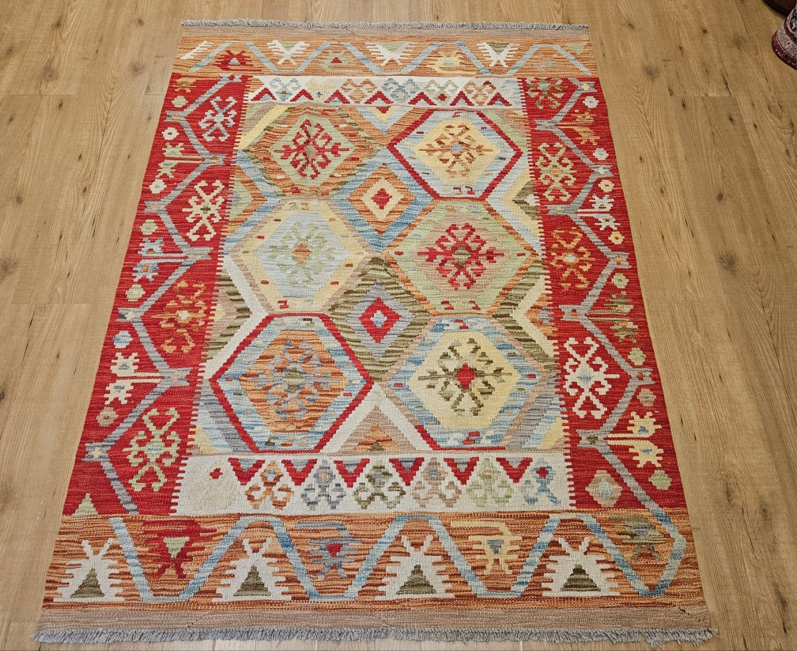 handgeweven oosterse wollen kelim 172x129, Info@SlatsAntiek.nl, Crème, 100 tot 150 cm, Vof Slats Antiek
