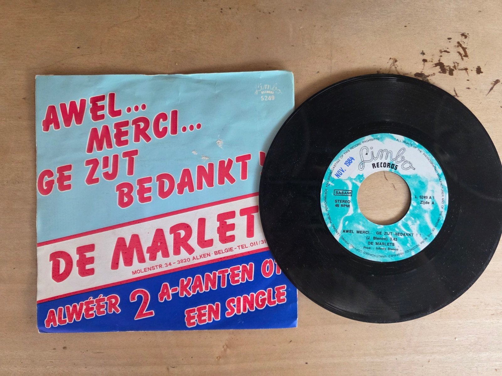 De Marlets - Awel Merci Ge zijt bedankt, Cd's en Dvd's, Gebruikt, 7 inch, Ophalen of Verzenden, Beschermende buitenhoes