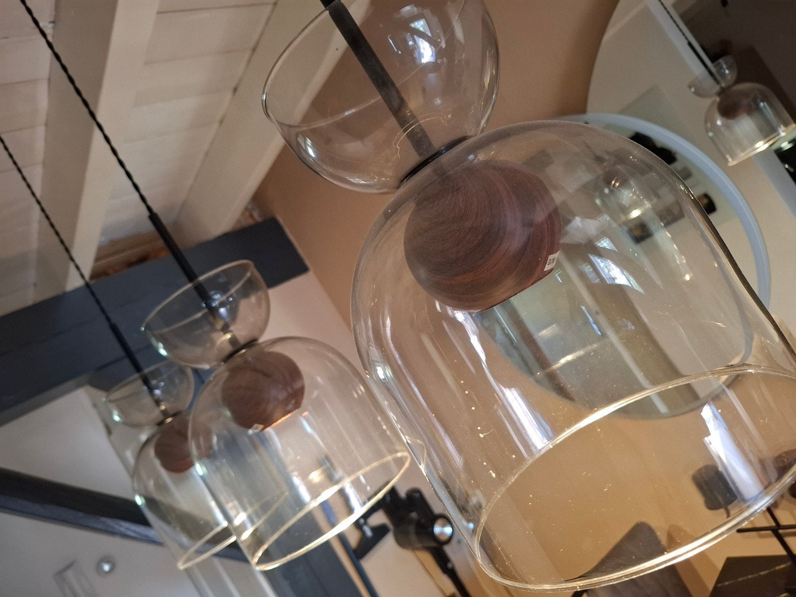 Coco Maison Hanglamp met 3 glazen kappen en houten details, Ophalen, GU10, Zo goed als nieuw, Modern