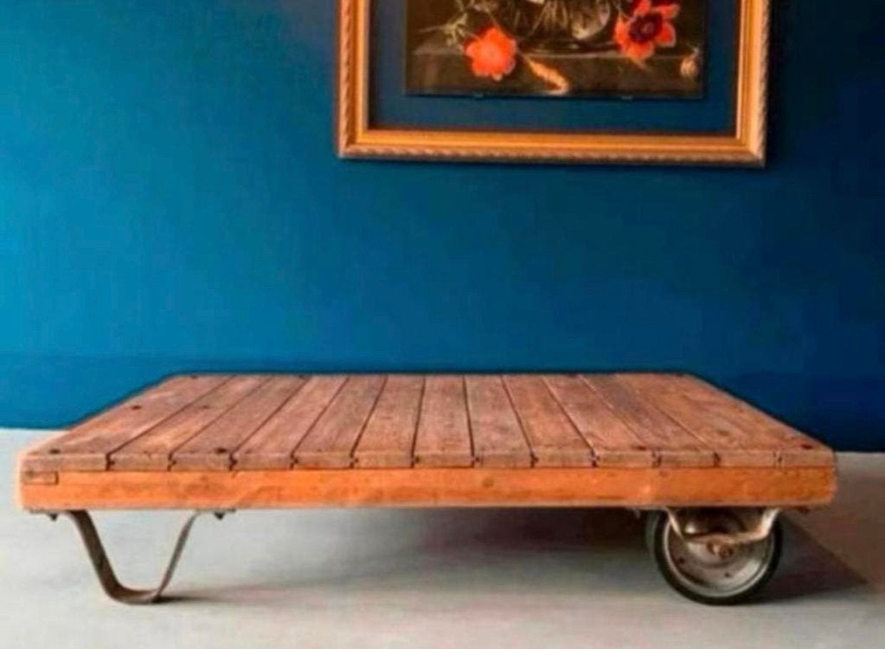 Vintage industriële transport kar, stationskar, salontafel, Huis en Inrichting, Ophalen, Gebruikt, 100 tot 150 cm, Overige materialen