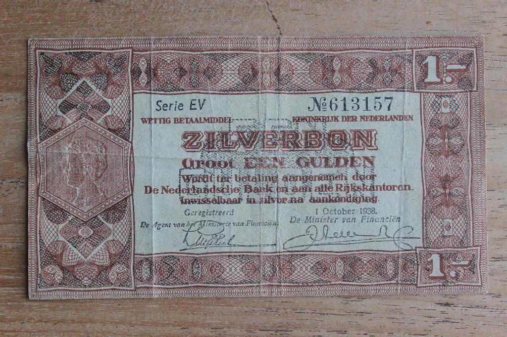Bankbiljet - Zilverbon / Papieren Gulden - 1 Gulden 1938, Ophalen of Verzenden, 1 gulden, Los biljet