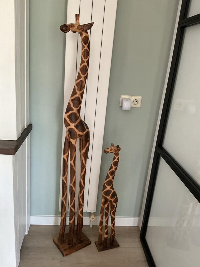 Houten Giraffen Beeldenset - Afrikaanse Decoratie, Huis en Inrichting, Woonaccessoires | Overige, Hout, Ophalen of Verzenden, Bruin