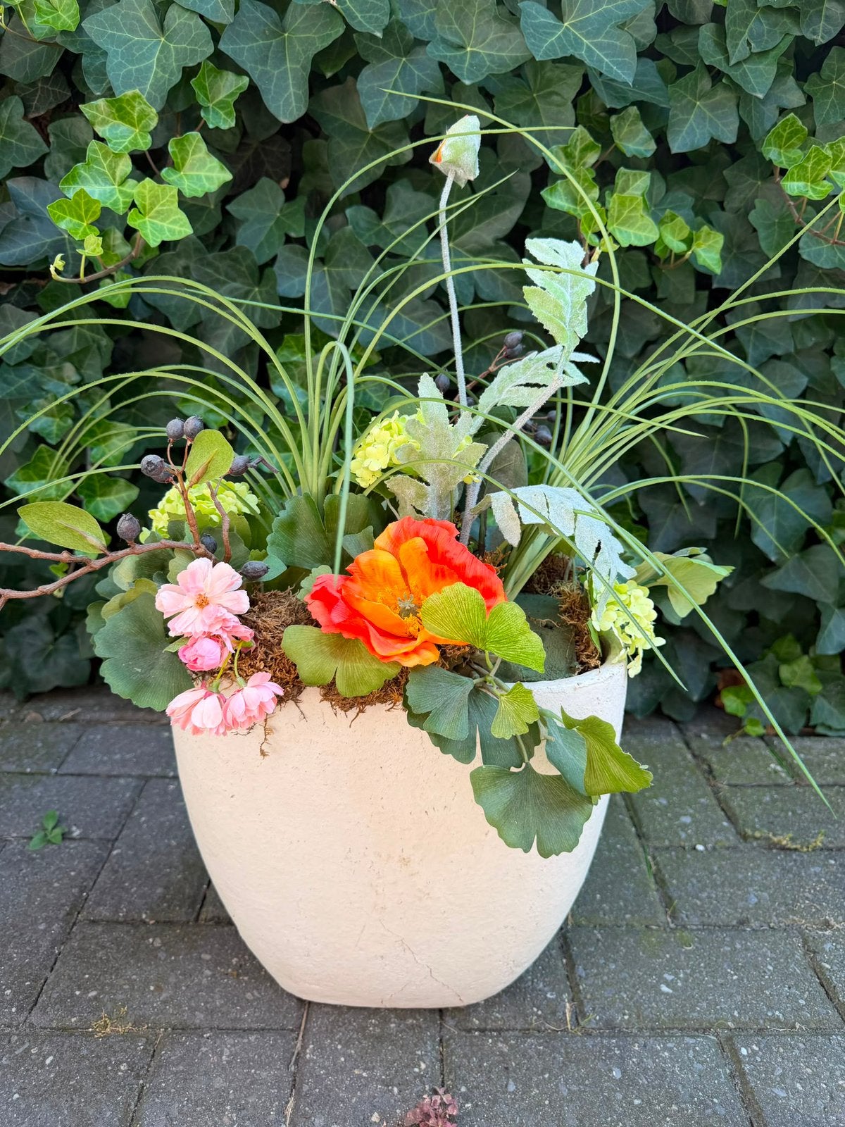 Opgemaakt pot zijde bloemen - kleurrijk bloemstuk, Ophalen of Verzenden