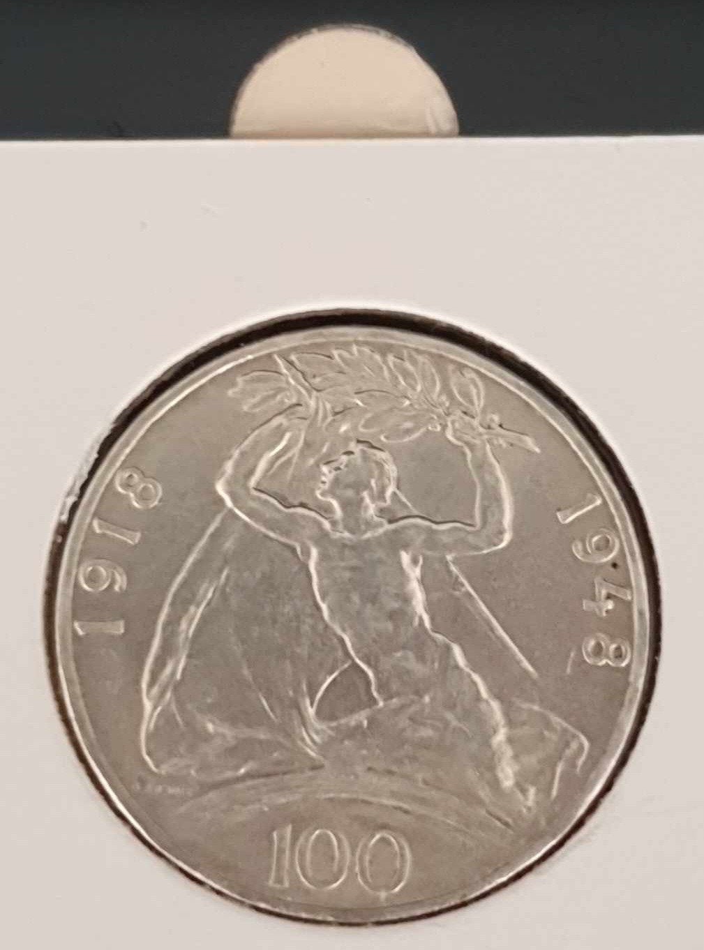 Tsjecho- Slowakije Zilveren munt- 100 korun. Jaar 1948, Ophalen of Verzenden